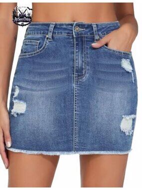 Ripped Denim Mini Skirt Stretchy Raw Hem Jean Skirt